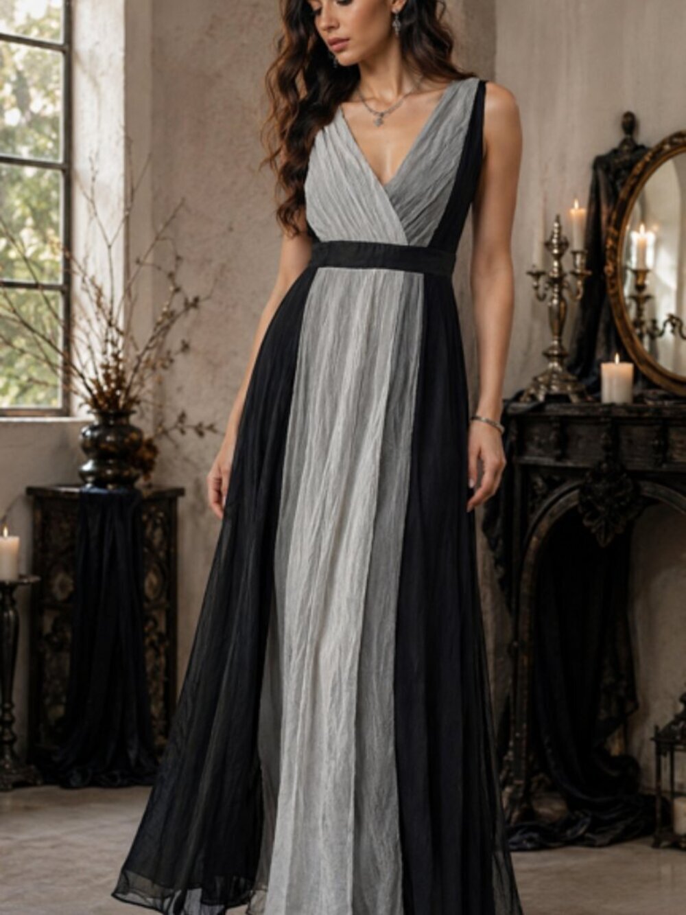 Luxurious Silk Maxi Dress Evening Event  Gothic Grecian LinedBlack & Gray Size 6